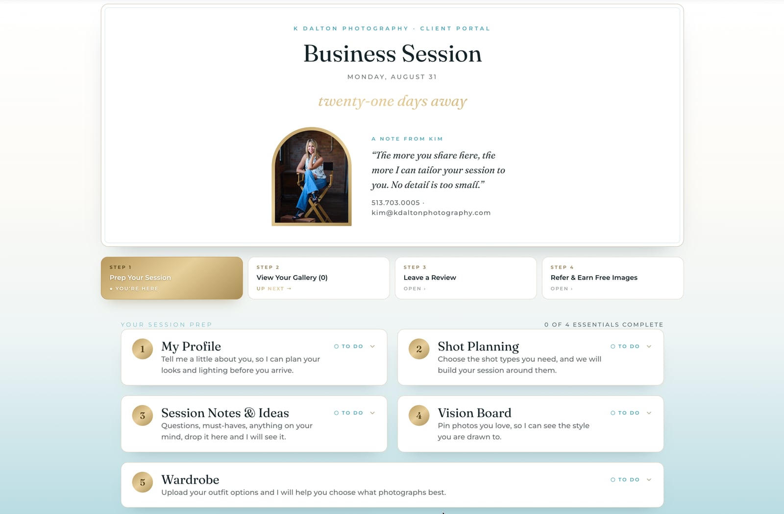 The portal dashboard showing the session countdown, a note from Kim, and the session prep checklist