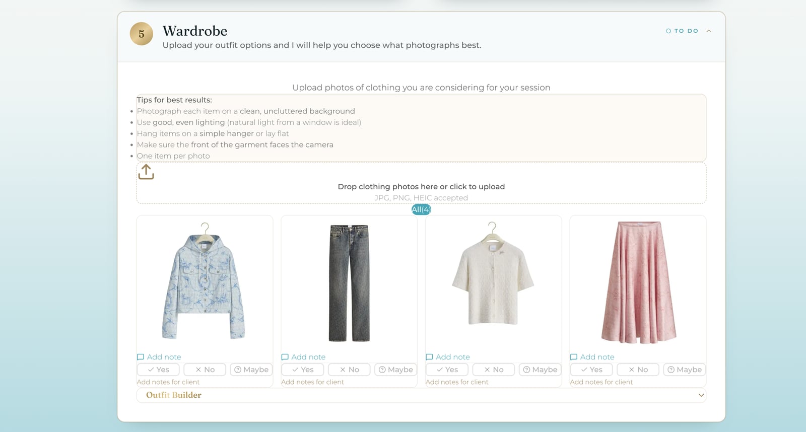 The wardrobe tool in the client portal, where Kim reviews each outfit with a yes, no, or maybe and a note